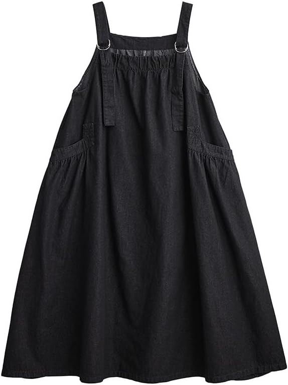 Denim Jumper Dress for Women Loose Version Baggy Style Maxi Length Adjustable Straps Wide Hemline - Image 6