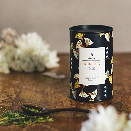 Moya Organic Japanese Kukicha Green Tea Loose Leaf | 60g | Tea from Japan | Friendly for Vegans and Vegetarians | Packed in Multicolored Carton Tin | Perfect for a Gift