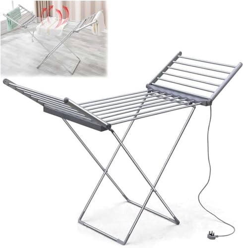 Indoor Electric Clothes Dryer Wet Laundry Warm Air Heated Drying Rack,Electric Heated Folding Clothes Dryer Airer,Energy-Efficient 20 Bars Winged X-Legs Stable Standing Heating Dry Racks(Silver)