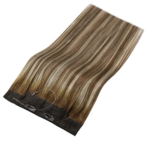 Sunny Invisible Wire Hair Extensions Ombre Medium Brown Balayage Platinum Blonde Fishing Line Extensions Brown Ombre Hidden Wire Hair Extensions Ombre Human Hair Extensions 80G/Pack 16Inch #TOP6