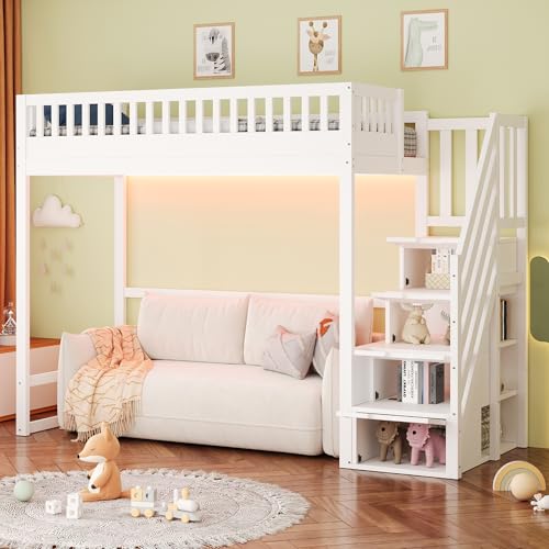 Cama alta 90 x 200 cm, con escalera de seguridad, barandilla de seguridad, marco de cama de madera de pino maciza, barra de luces LED, escaleras de seguridad intercambiables en ambos lados, cuna