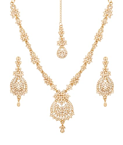 Touchstone Indian Bollywood Gorgeous intricate Workmanship Sparkling Rhinestone crystal wedding Designer Jewelry Necklace Set In Gold or Silver Tone For Women.