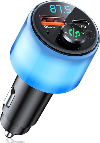 USB C Bluetooth Adapter for Car, AUX Wireless FM Radio Transmitter, Handsfree Calling & Audio Receiver, MP3 Music Player, QC3.0 & Type-C PD USB Fast Car Charger,7 Colors LED Backlit