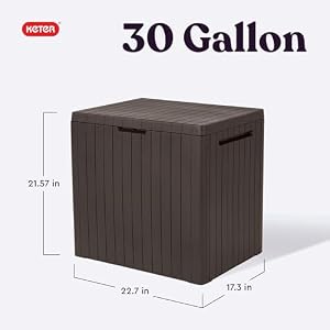 Keter City 30 Gallon Resin Outdoor Storage Box and Patio Furniture Side Table for Pool and Garden Accessories Brown