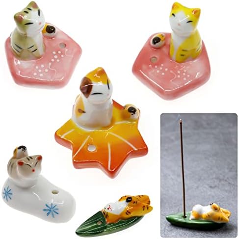 5 Pcs Cute Handmade Cat Incense Stick Holder / Japanese Ceramic Chopsticks Rest, Adorable Animal Theme Incense Burner Ornamental for Aromatherapy, Meditation,Yoga,Restaurants,Home,Office Décor (Cat)