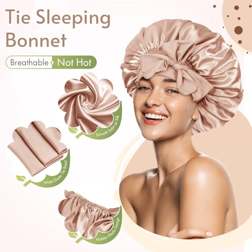 BONNET QUEEN Silk Bonnet for Sleeping Satin Bonnet Women Hair Wrap Night Sleep Cap Scarf Wrap for Curly Hair with Tie Band Champagne