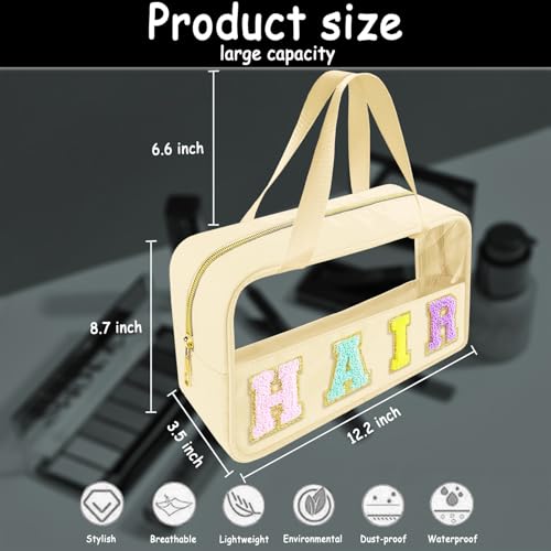 Chenille Letter Clear Makeup Bag Hair Patch, Travel Toiletry Makeup Bag with Handle, Nylon Waterproof Makeup Bags clear cosmetic bag, preppy patch makeup bag for Women (HAIR-Beige)2