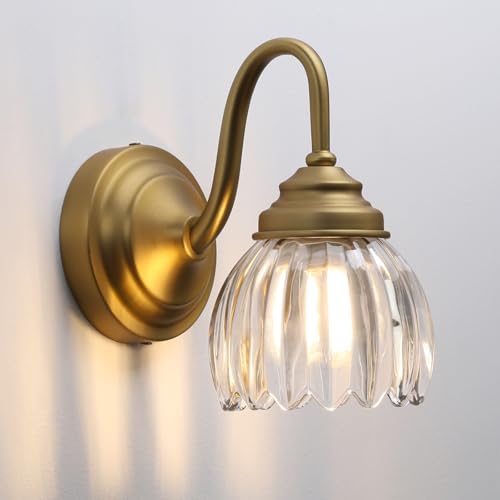 Image of Phansthy Vintage Brass Boho Wall Sconces, Hardwired Wall Lights with Tulip Glass Lampshade, Brass Vanity Lamp Modern Wall Lighting Fixtures for Bedroom, Living Room, Hallway (Antique + Clear Shade)