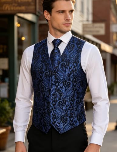 Image of DiBanGu Mens Vest and Tie Set Formal Paisley Waistcoat and Necktie Pocket Square Cufflinks Silk Suit Vest for Tuxedo Wedding