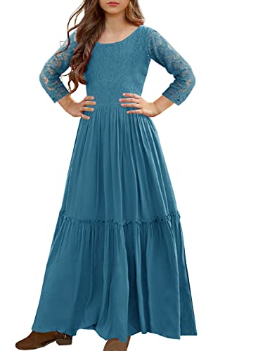 Image of MITILLY Girls Lace Flower Wedding Guest Long Maxi Dress for 6-12 Years | Girls Boho Dress, Girls' Special Occasion Dresses, Wedding Party, Size 6-12 Years, Ruffle Sleeve, A Line, With Pockets