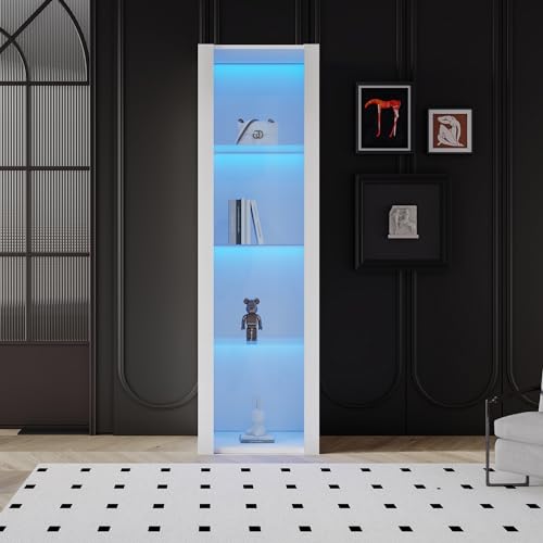 Vitrina con iluminación LED blanca brillante, 3 estantes de 55 x 38 x 166 cm de alto, vitrina moderna para sala de estar o dormitorio