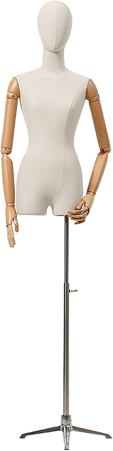 Female Dress Form with Wood Arms & Metal Tripod Stand & Cloth Head,Adjustable Height Mannequin Torso Body for Women's Clothing Display,Black,Gold