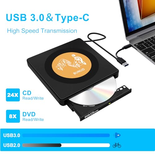 Image of BUNUD External CD /DVD Drive for Laptop: USB 3.0 & Type C CD Burner with 2 USB /TF /SD Slots - Plug & Play Portable + /-RW ROM Reader Player SuperDrive for PC Mac Apple Windows (Gold)