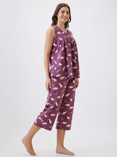 Image of AV2 Women's Cotton Printed Round Neck Sleeveless Night Suit Set | Capri Set | Casual Night Dress for Women