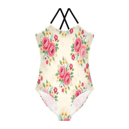 Girl Bathing Suits Beach Bathing Suit 3-10 Y with Adjustable Shoulder Strap, Red Roses