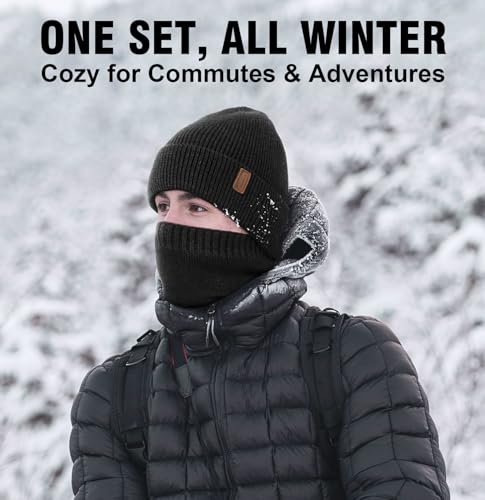 Wmcaps Wintermütze Schal Set für Herren Damen, mit Fleece Gefütterte Strickmütze und Halswärmer Weich Warm Thermische Accessoires für Kaltes Wetter Unisex Geschenk für Männer Frauen, Dunkelgrau
