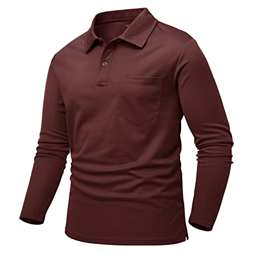 Rdruko Mens Long Sleeve Polo Shirts Smart Casual Golf Tops Breathable Wicking Quick Dry Polyester Work T Shirts with Pocket Wine Red XXL - Image 2
