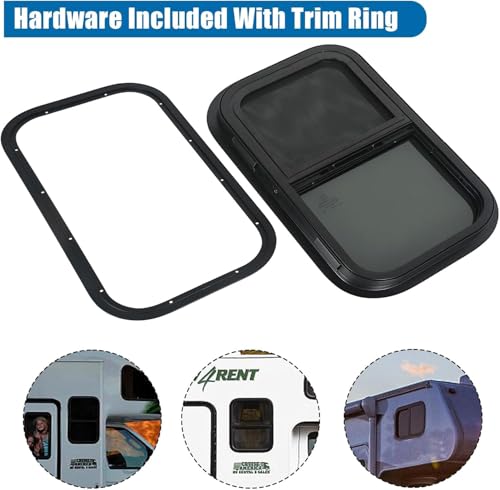 Image of Vertical RV Window, 14 inch W x 16 inch H Tinted Sliding RV Window with Net Screen and Trim Ring, Suitable for 1-1 /8 inch Thick Walls, DOT Approved