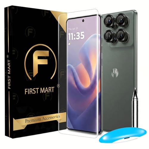 Image of FIRST MART UV Tempered Glass for Motorola Edge 60 Pro With Black Camera Ring Guard Combo | Crystal Clear Curved Screen Protector, Case-Friendly, Scratch Resistant | Pack of 1