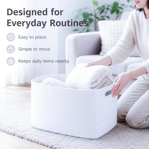 Image of Cotton Rope Laundry Basket Small, 12.8GAL Collapsible Woven Storage Baskets for Living Room Kids Toys Stuffed Animal,Boho Rectangular Decorative Short Hamper for Dirty Clothes, Blankets Pure White