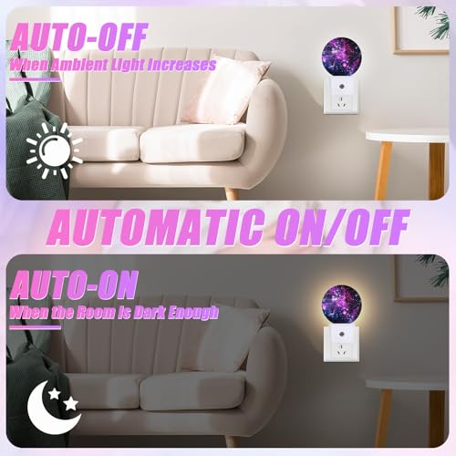 Image of Starry Sky Night Light Purple Galaxy Space Night Lights LED Lamp Round Plug into Wall Nightlight with Dusk to Dawn Sensor Home Hallway Stairway Kitchen Decor