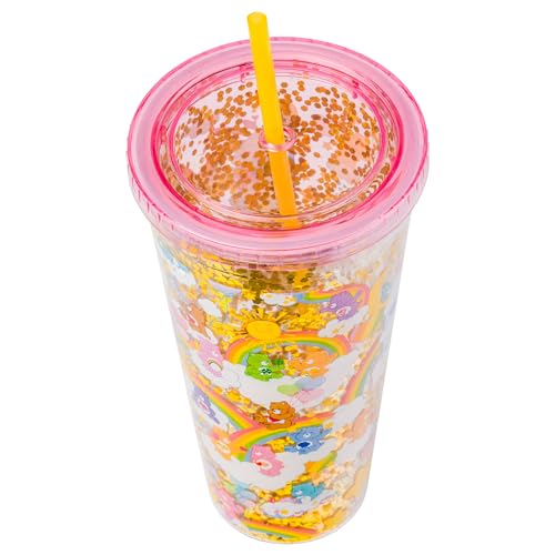 Image of Silver Buffalo Care Bears Rainbow Stars, Plastic Cold Cup, 32oz | Funshine, Grumpy, Good Luck, Bedtime, Cheer and Tenderheart, Confetti, Lid and Straw, 0.95 Liters