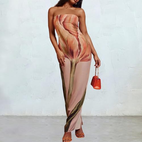 Image of Women Y2k Strapless Maxi Dress Summer Backless Floral Long Tube Dress Off Shoulder Cocktail Party Dress, X-Large
