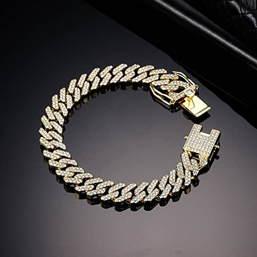 Hdmenc Mens Miami Cuban Link Chain Bracelet 12Mm Diamond Prong Cuban Chain 8 Inch Length Hip Hop Jewely With Gift Box (Gold, 8 Inch) #TOP3