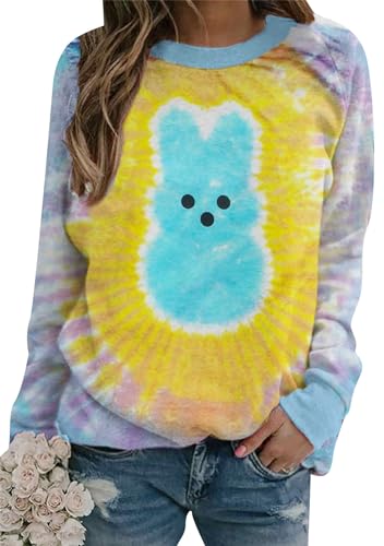 Image of Women's Easter Basic Sweatshirt Crew Neck Long Sleeve Sweatshirt Casual Loose Sweatshirt with Rabbit Print