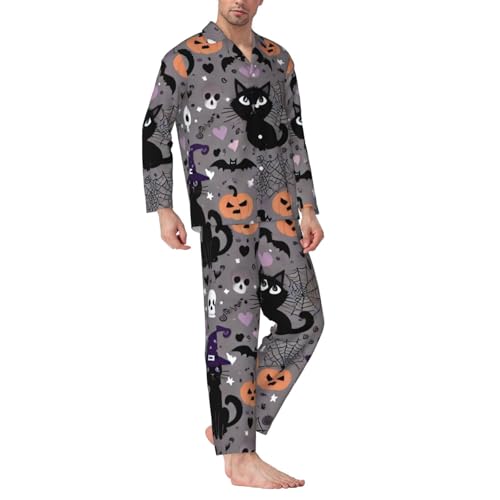 Mens Long Sleeves Pajama Set Black Funny Cat Halloween Pattern Cozy Two-Piece Loungewear For Nighttime Comfort,Casual Wear3