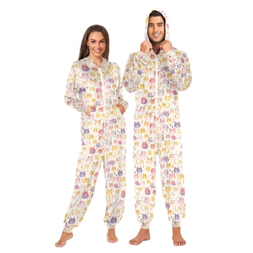Pijama de una sola pieza para adultos con capucha, pijama de camping con lindo diseño de arcoíris, gato, pudín y puntos, Kawaii Rainbow Cat Pudding Dots, Large