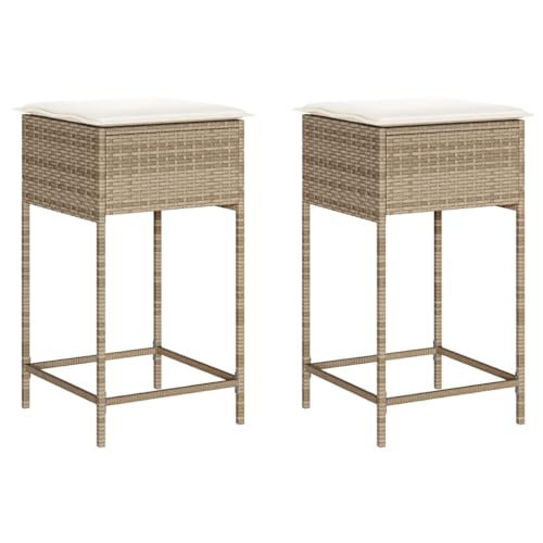 vidaXL Tabourets de Bar Jardin avec Coussins Lot de 2 Beige Poly rotin, Tabouret, Tabouret de Bar extérieur, Chaise de Bar, Tabouret de Jardin