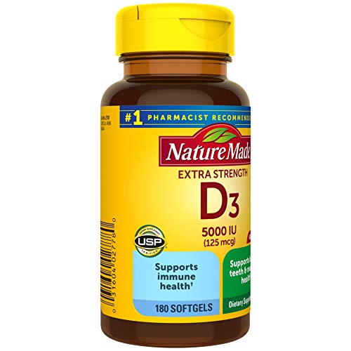 Extra Strength Vitamin D3 5000 Iu (125 Mcg), 180 Softgels Value Size, High Potency Vitamin D Helps Support Immune Health, Strong Bones And Teeth, & Muscle Function #TOP6