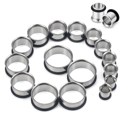 Kwoencxi 00G-25mm Single Flared Gauges Tunnels Plugs Ear Stretching Kit Surgical Satinless Steel Silver Gauges Plug Earring Lobe Tunnel Gauge Stretcher 00G 8mm 10mm 12mm 14mm 16mm 18mm 20mm 22mm 25mm