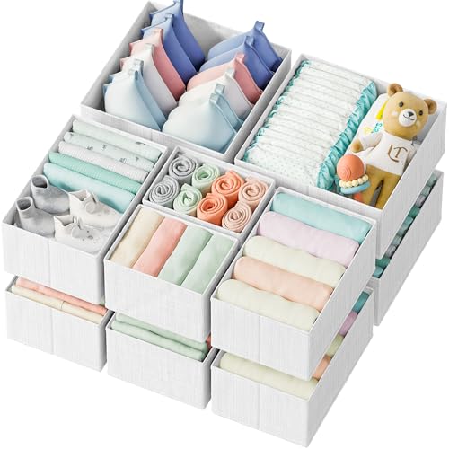 Drawer Organizer Clothes Set of 12 White-Grey - Dresser Organizer For Nursery, Bedroom, Closet...