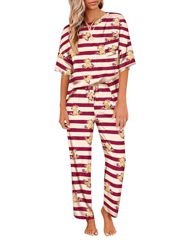 Image of Ekouaer Womens Satin Silky Pajama Set Short Sleeve Shirt with Long Pajama Pant Set Soft PJ Loungewear