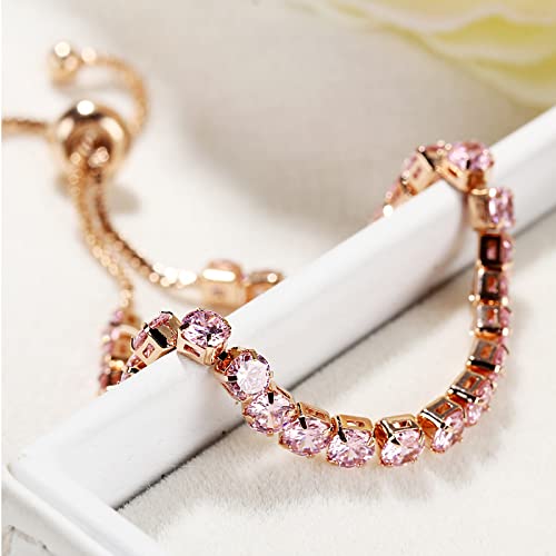 14K Gold Plated Tennis Bracelets Colorful Sparkling Cuban Zirconia Adjustable Ice Out Link Chain Slider Bangle Jewelry Dainty Bracelet For Women Girls-Pink #TOP2