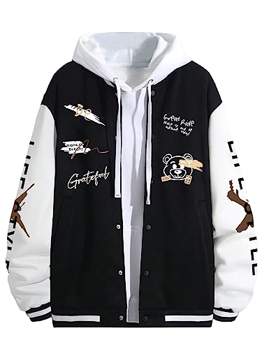 SHENHE Men's Slogan Graphic Button Down Varsity Jacket Baseball Bomber Jackets