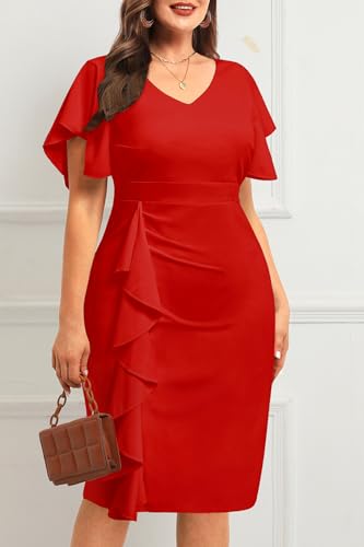 Image of Plus Size Cocktail Dress - Wedding Guest Women Bodycon Vintage Ruffle Church Pencil Dress