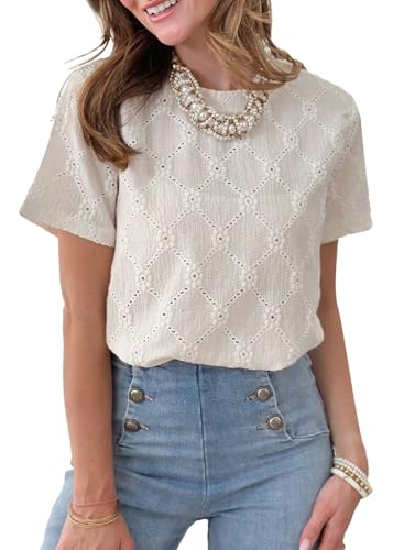 Dokotoo Women's Tops Casual Scoop Neck Short Sleeve Eyelet Embroidered Hollow Out Blouses Shirts