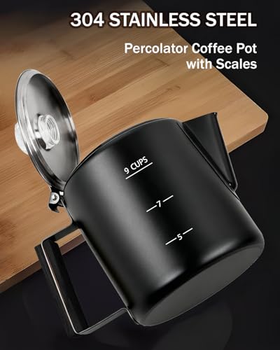 Image of Coffee Maker Coffee Percolator 304 Stainless Steel Pot Stovetop Easy Brewing Even Heating 9 Cup 50.7oz 1500ml Black Classic Design Heat Resistant Home Camping Outdoor