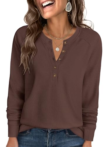 ANRABESS Women's Long Sleeve Waffle Knit Shirts Dressy Casual Loose Button Up V Neck Henley Tops 2025 Fall Basic Tee Blouse Red Brown X-Large