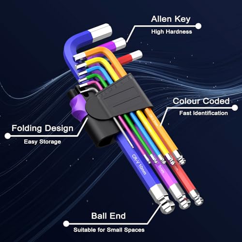 Image of 9PCS Ball End Hex Key Set,Cr-V Metric Allen Key Set, Long Hex Key Set with Size Coding 1.5-10mm for Furniture Assembly