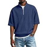 Mock Neck Sweatshirt Mock Neck Shirt for Men Short Sleeve Quarter Zip Waffle Pullover Summer Casual Top Lightweight Stand Collar Business XL Navy