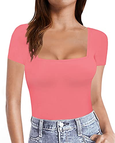 Image of MANGOPOP Womens Short Sleeve /Long Sleeve Square Neck T Shirts Tops Tees (Short Sleeve Pink, X-Large)
