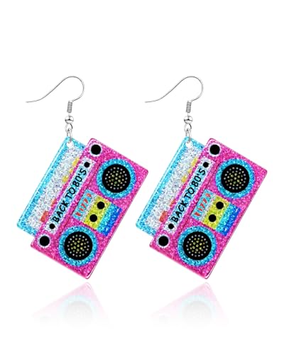 Ronglry 80s Neon Earrings for Women Back to The 80s Party Decorations Retro Radio Acrylic Drop Earrings for 80s Outfit Accessories Neon Jewelry-Sparkly Radio