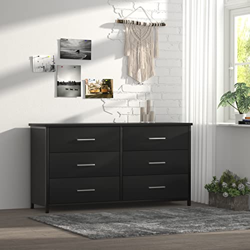 Ikeno 6 Drawer Double Dresser, Industrial Wood Dresser For Bedroom, Sturdy Steel Frame… #TOP6