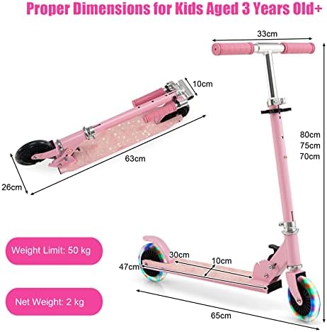 GYMAX Folding Kids Scooter, Height Adjustable Kick Scooter with Light up Wheels, ABEC-5 Bearings & Rear Brake, Anti-Slip Deck, Lightweight Scooter for Boys Girls