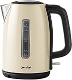 COMFEE' Wasserkocher 2200W Schnelles Kochen, 1.7L Edelstahl-Wasserkocher, Kabellos mit automatischer Abschaltung, BPA-freies Material, 360°drehbarer Sockel&abnehmbarer Filter, CKE-173010m-RO-CM, Crème