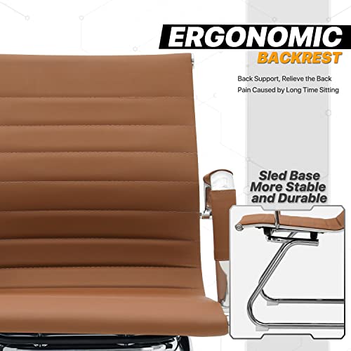 Monibloom Office Guest Chair Without Wheels Pu Leather Mid-Back Sled Base Chairs For Reception Desk Waiting Meeting Conference Room, 2 Piece, Brown #TOP3